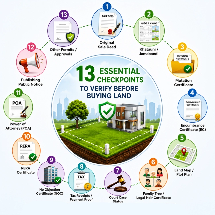 Thumbnail illustrating the essential documents and legal checks to verify before buying land in India, including the Sale Deed, Khatauni, Mutation, Encumbrance Certificate, Land Map, and other important property records.