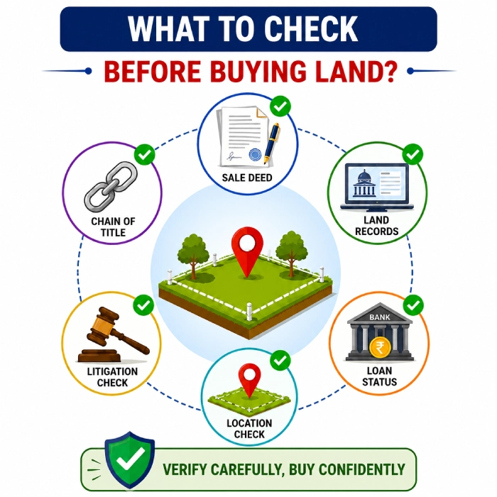 Sale Deed verification checklist showing chain of title, sale deed, land records, loan status, litigation check, and property boundary verification before buying property in India.