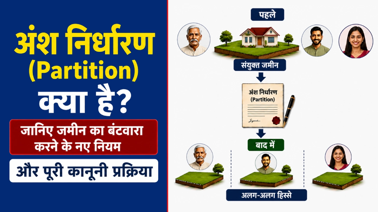 अंश निर्धारण (Partition) के माध्यम से संयुक्त संपत्ति को अलग-अलग हिस्सों में बांटने की कानूनी प्रक्रिया दर्शाने वाला चित्र