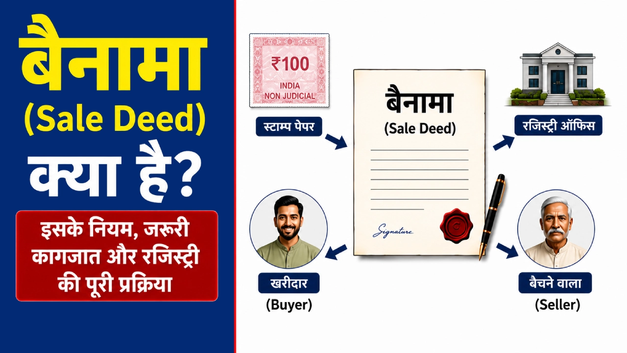 बैनामा (Sale Deed) के माध्यम से जमीन या मकान का कानूनी स्वामित्व हस्तांतरण दर्शाने वाला चित्र