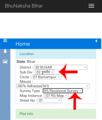 Step 2: Selecting mauja and RS CS survey type to find shajra naksha online on BhuNaksha Bihar