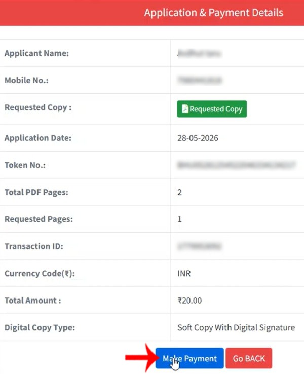 Step 3: Reviewing application token number and clicking make payment button for digital sign khatian