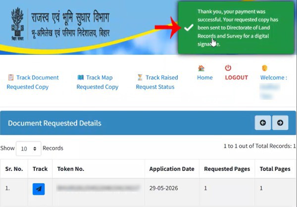 Step 5: Successful payment confirmation and downloading digitally signed Bihar Chakbandi Khatiyan PDF