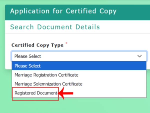 Certified Copy Type में Register Document विकल्प