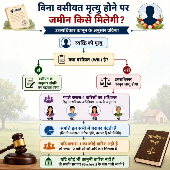 बिना वसीयत मृत्यु होने पर जमीन का बंटवारा कैसे होता है, उत्तराधिकार कानून के अनुसार क्लास-1 और क्लास-2 वारिसों का फ्लो डायग्राम