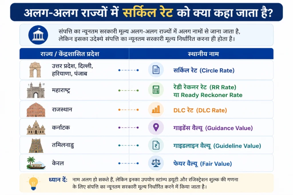 भारत के विभिन्न राज्यों में Circle Rate के अलग-अलग नाम जैसे Ready Reckoner Rate, DLC Rate, Guidance Value, Guideline Value और Fair Value दिखाता हुआ इन्फोग्राफिक।