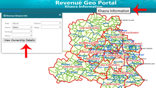 दिल्ली भू-नक्शा पोर्टल में Khasra Information विकल्प