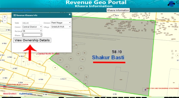 दिल्ली GIS Map में खसरा नंबर दर्ज करके जमीन खोजते हुए