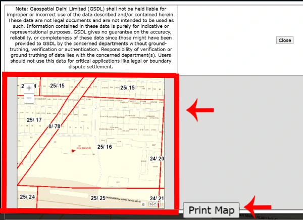 दिल्ली GIS Map में View Ownership Detail और Print Map विकल्प