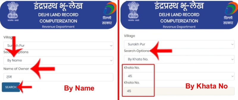 दिल्ली खतौनी पोर्टल पर नाम, खाता नंबर या खसरा नंबर दर्ज करके Search करने का पेज