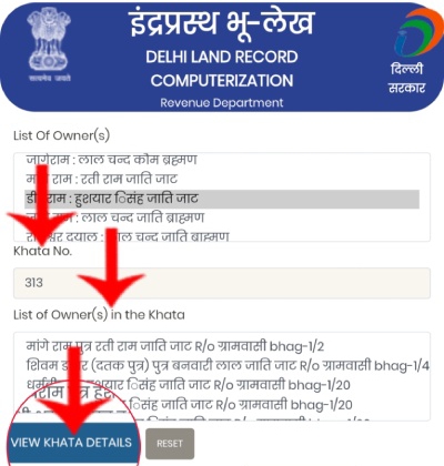 दिल्ली खतौनी पोर्टल पर सही रिकॉर्ड चुनकर View Khata Details विकल्प