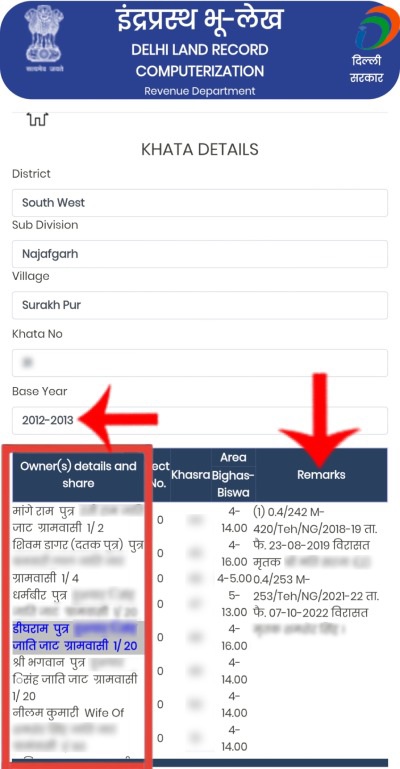 दिल्ली खतौनी रिकॉर्ड में खाता संख्या, खसरा नंबर, हिस्सेदार और Remarks कॉलम की जानकारी