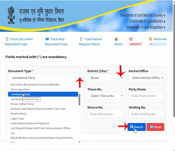 Selecting Jamabandi Panji document type on Bihar revenue portal to view land records