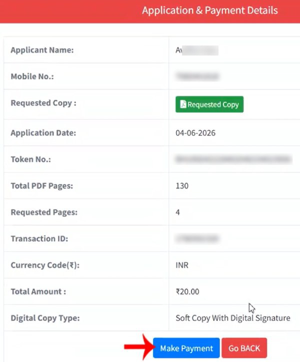 Making online payment of 20 rupees for certified Bihar Jamabandi