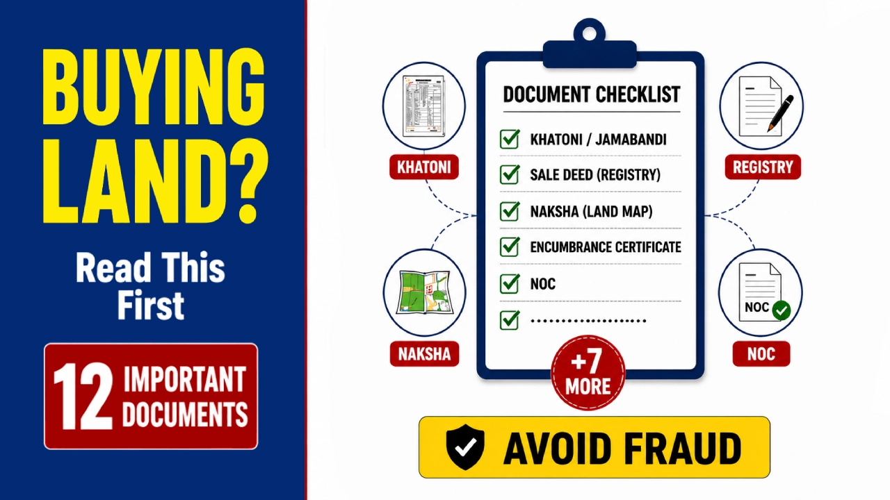 Thumbnail illustrating the essential documents and legal checks to verify before buying land in India, including the Sale Deed, Khatauni, Mutation, Encumbrance Certificate, Land Map, and other important property records.