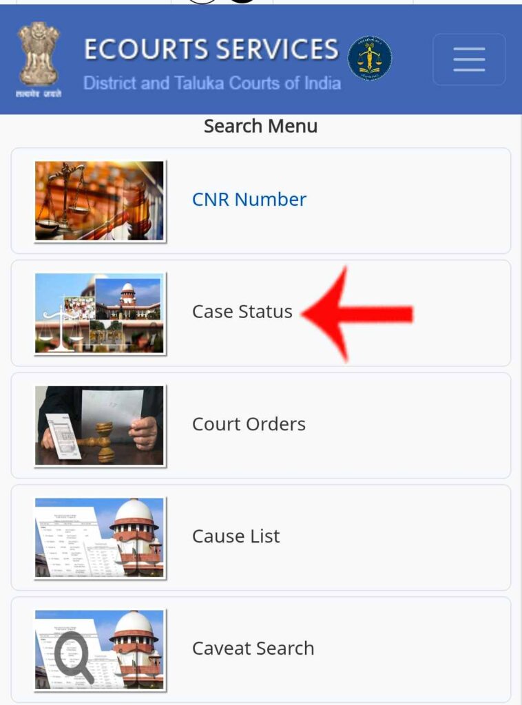 eCourts Services Portal ke Home Page par Case Status option chune