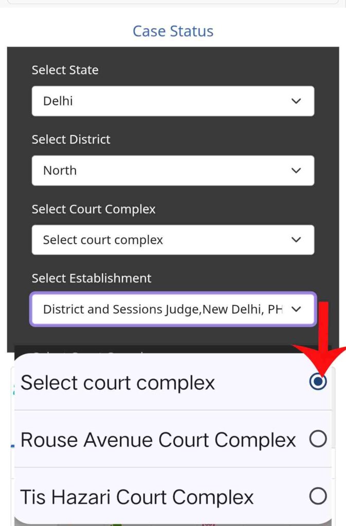 eCourt Portal me State, District aur Court Complex select karke case search karne ka process