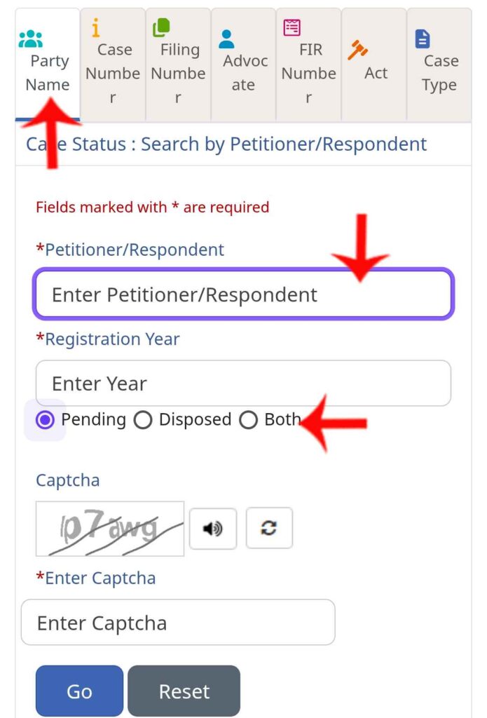 eCourt me Party Name, Registration Year aur Pending, Disposed ya Both option bharne ka process