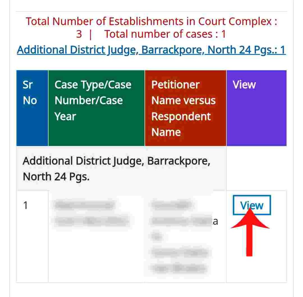eCourt search result me case details dekhne ke liye View button par click kare