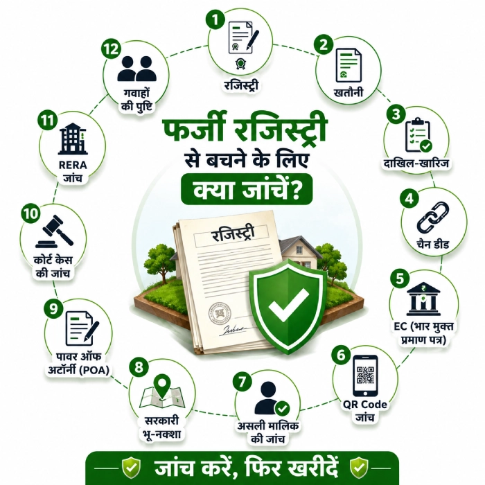 फर्जी जमीन की रजिस्ट्री की पहचान करने के लिए जरूरी दस्तावेजों की चेकलिस्ट, जिसमें रजिस्ट्री, खतौनी, दाखिल-खारिज, चैन डीड, EC, QR Code, सरकारी भू-नक्शा, असली मालिक, पावर ऑफ अटॉर्नी, कोर्ट केस, RERA और गवाहों की जांच दिखाई गई है।