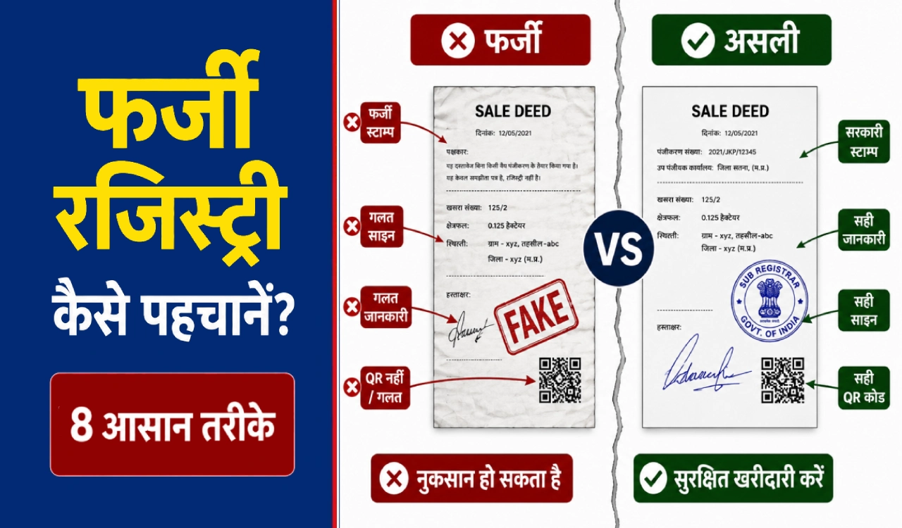 फर्जी जमीन की रजिस्ट्री की पहचान करने का थंबनेल, जिसमें असली और नकली जमीन के दस्तावेजों की जांच के महत्वपूर्ण संकेत दिखाए गए हैं।