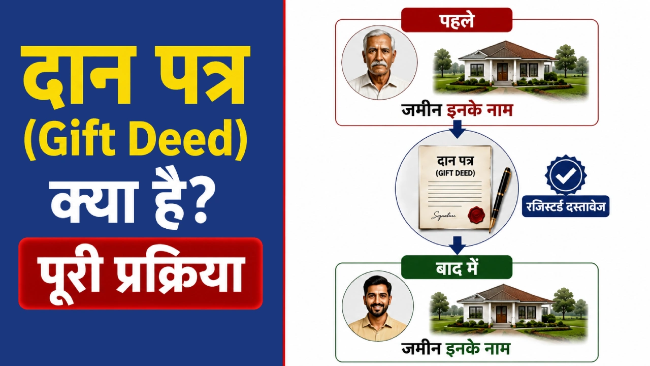दान पत्र (Gift Deed) के कानूनी नियम, रजिस्ट्रेशन प्रक्रिया और संपत्ति हस्तांतरण को दर्शाने वाला चित्र