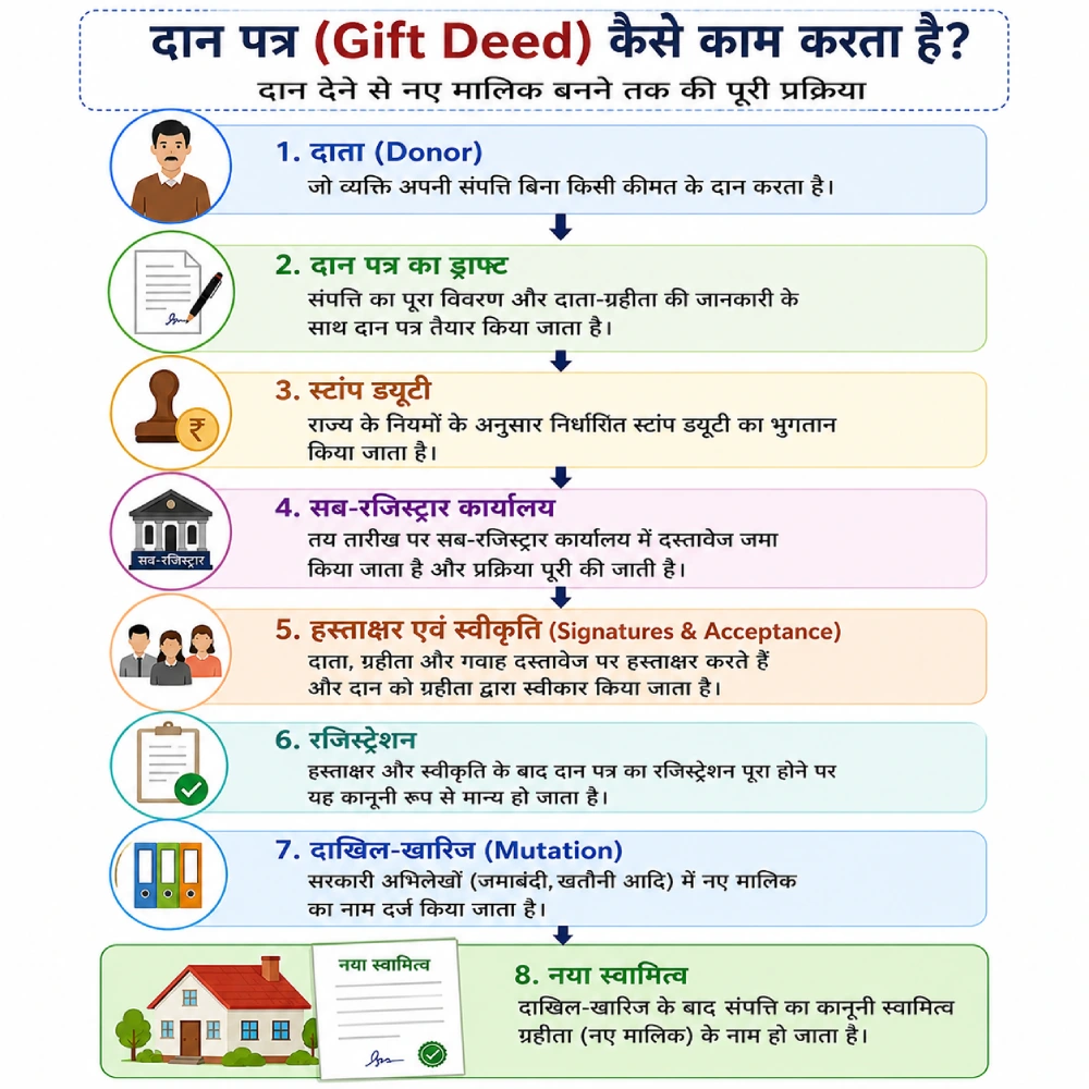 दान पत्र (Gift Deed) की पूरी प्रक्रिया दिखाने वाला फ्लो डायग्राम, जिसमें दाता, ड्राफ्ट, स्टांप ड्यूटी, रजिस्ट्रेशन, हस्ताक्षर एवं स्वीकृति, दाखिल-खारिज और नए स्वामित्व के चरण शामिल हैं।