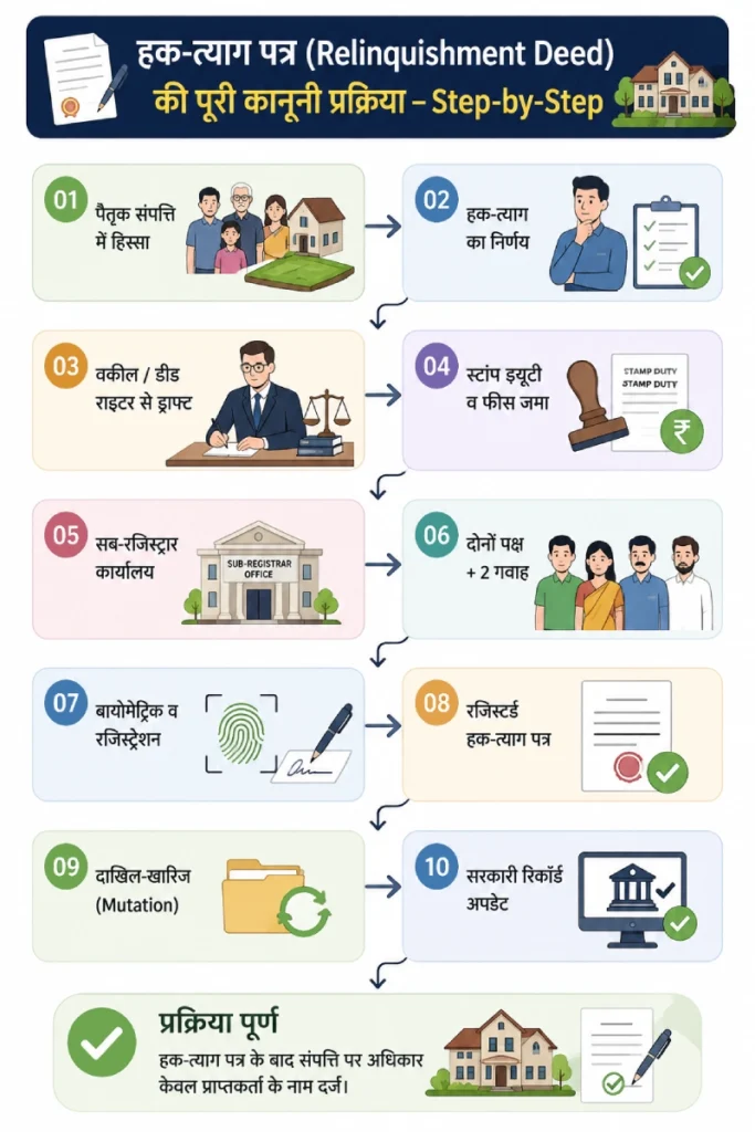 हक-त्याग पत्र (Relinquishment Deed) की पूरी कानूनी प्रक्रिया का स्टेप-बाय-स्टेप इन्फोग्राफिक जिसमें ड्राफ्ट, रजिस्ट्रेशन और दाखिल-खारिज की प्रक्रिया दिखाई गई है।