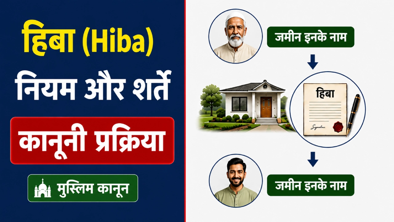 हिबा (Hiba) की कानूनी प्रक्रिया, नियम, शर्तें और मुस्लिम कानून के तहत संपत्ति दान को समझाने वाला चित्र