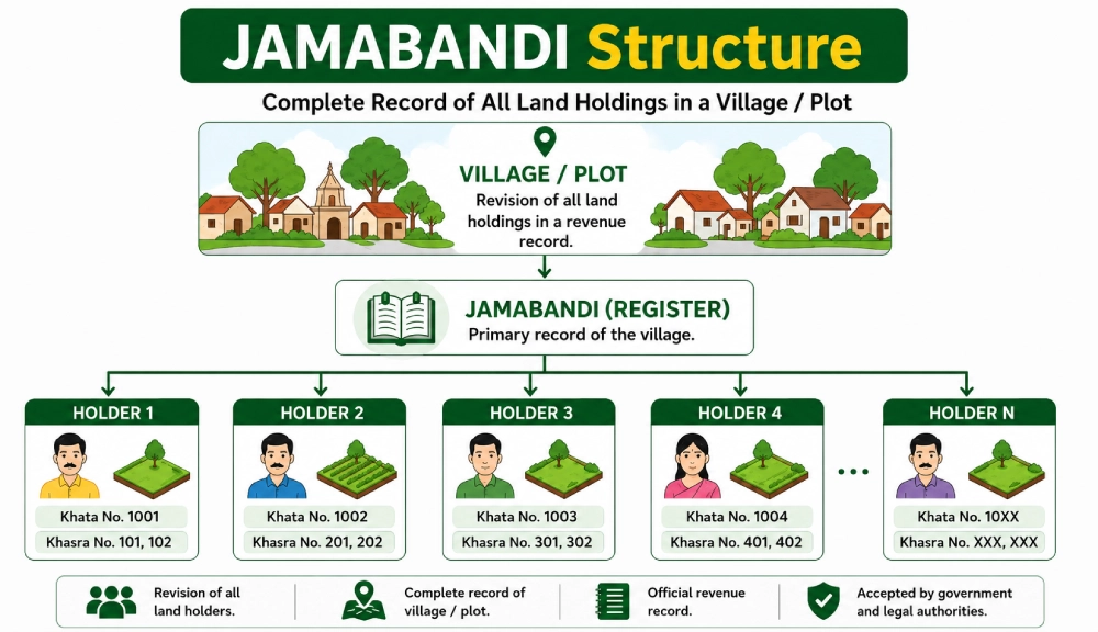 Infographic explaining the structure of a Jamabandi, showing a village land register, multiple landholders, Khata numbers, and Khasra numbers in one official record.