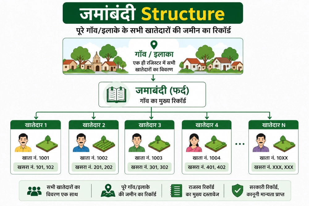 जमाबंदी Structure का इन्फोग्राफिक जिसमें पूरे गांव के सभी खातेदारों और उनकी जमीन का सरकारी रिकॉर्ड दिखाया गया है।