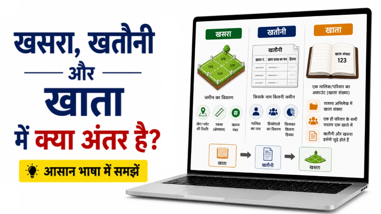 खसरा, खतौनी और खाता में क्या अंतर है? भूमि रिकॉर्ड के तीनों दस्तावेजों का अंतर समझाता हुआ इन्फोग्राफिक।