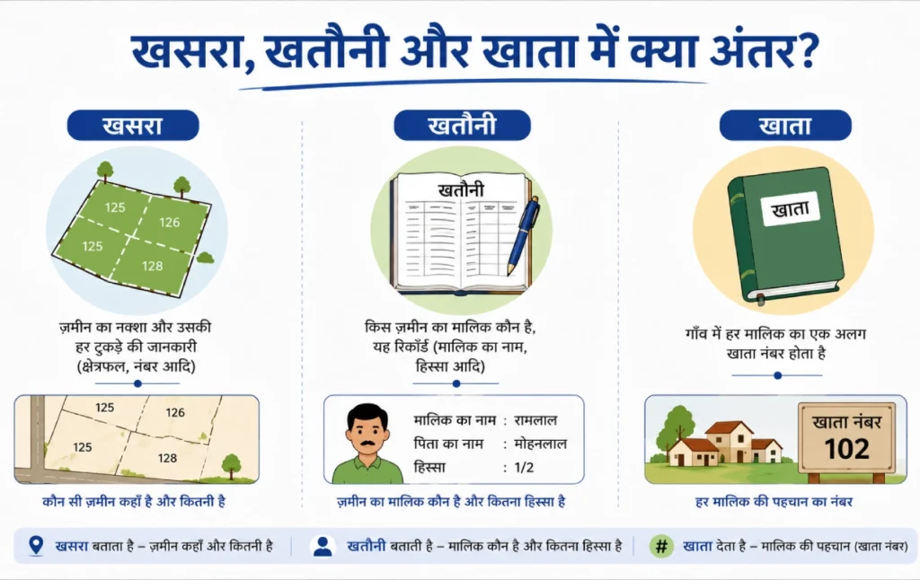 खसरा, खतौनी और खाता का अंतर दिखाता हुआ तुलना चार्ट (Comparison Chart)