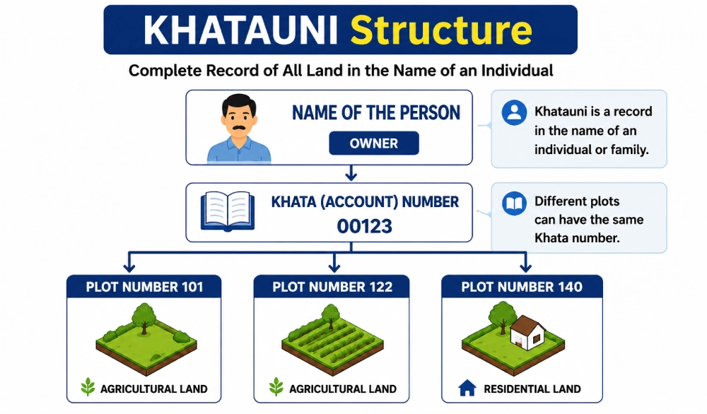 Infographic explaining the structure of a Khatauni, showing a landowner, Khata number, and multiple plot (Khasra) numbers linked to one property account.