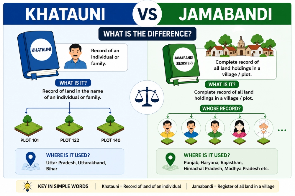 Comparison infographic showing the differences between Khatauni and Jamabandi, including ownership records, village land records, states where they are used, and their purposes.