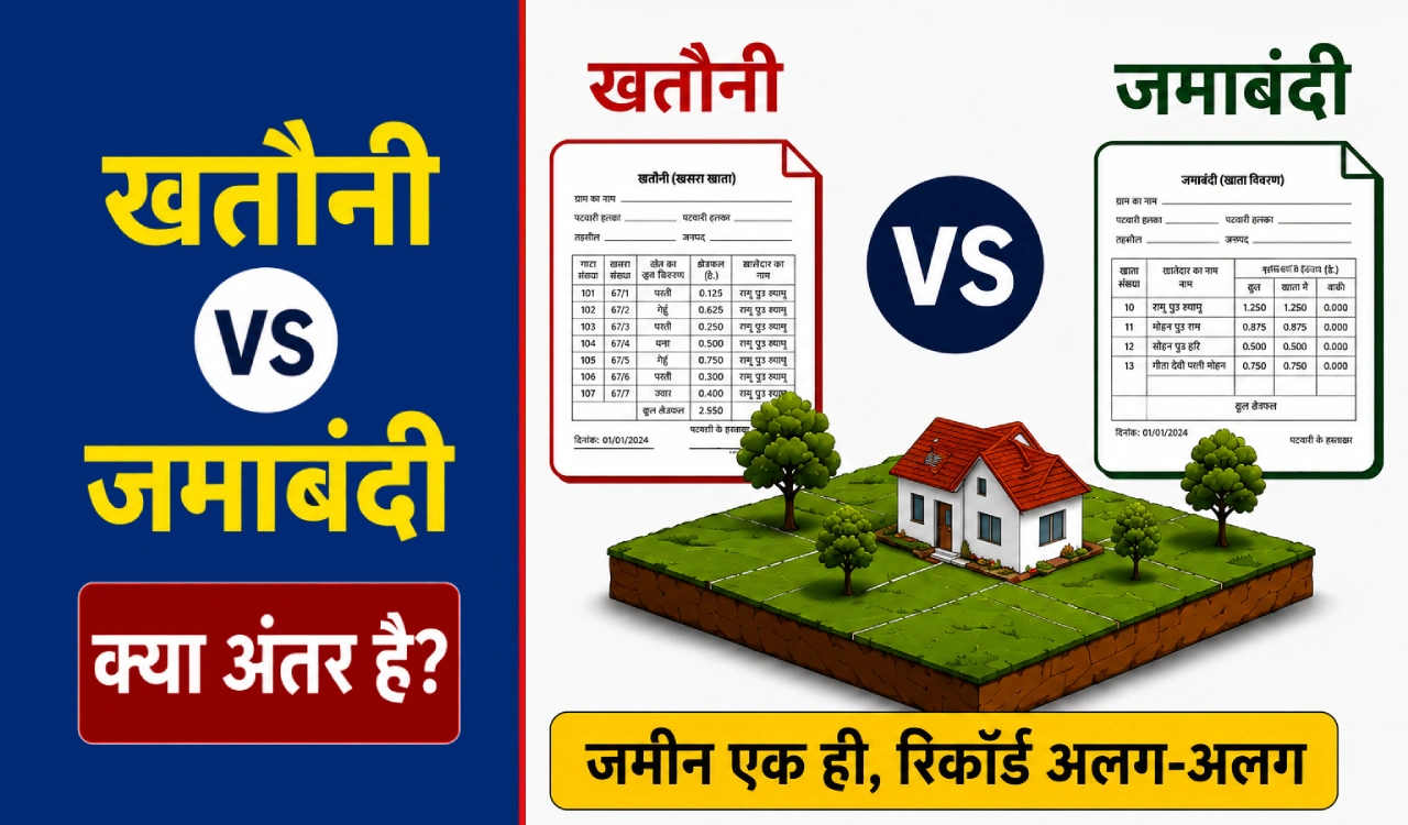 खतौनी और जमाबंदी में अंतर दिखाने वाला इन्फोग्राफिक, जिसमें व्यक्ति की जमीन के रिकॉर्ड और पूरे गांव के भूमि रिकॉर्ड की तुलना की गई है।