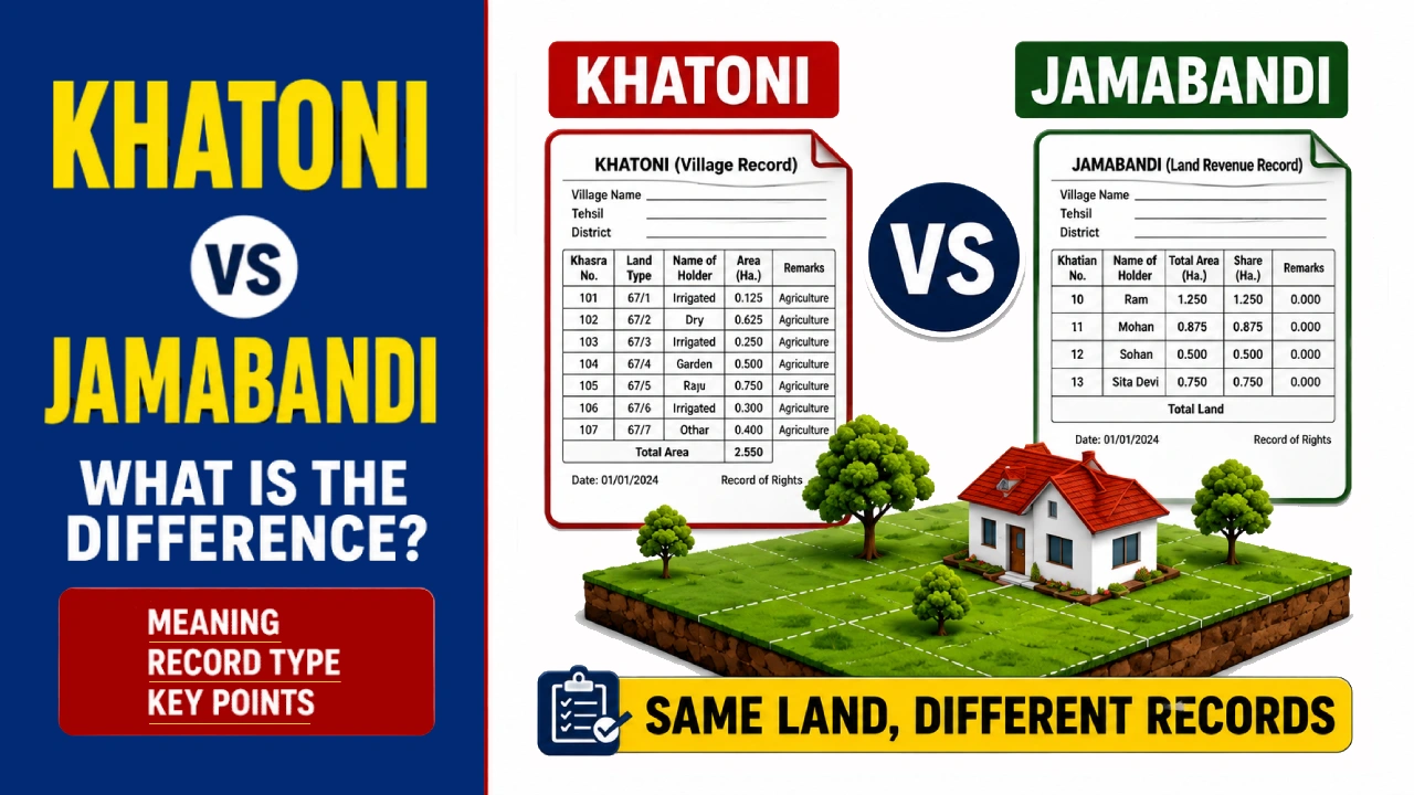 Illustration comparing Khatauni and Jamabandi, showing individual land records versus village land records, ownership details, and the states where each record is used in India.