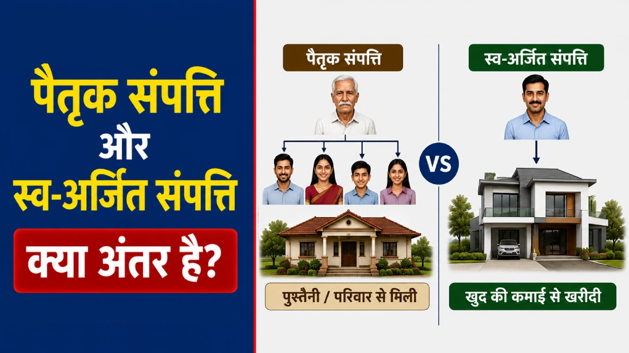 पैतृक संपत्ति और स्व-अर्जित संपत्ति के बीच कानूनी अंतर, अधिकार और बंटवारे को दर्शाने वाला चित्र