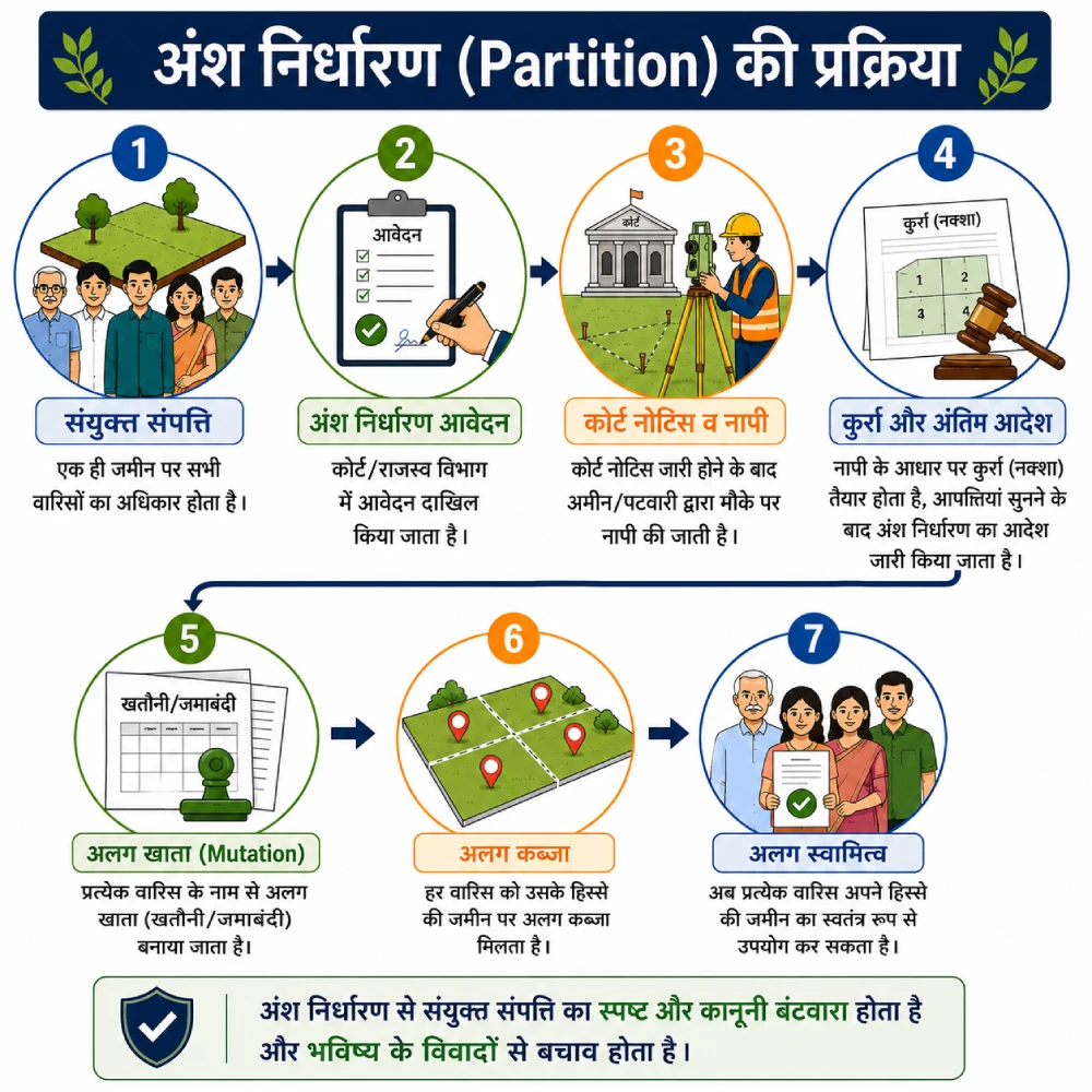 संयुक्त संपत्ति से अलग खाता और अलग स्वामित्व तक अंश निर्धारण (Partition) की पूरी प्रक्रिया दिखाने वाला फ्लो डायग्राम