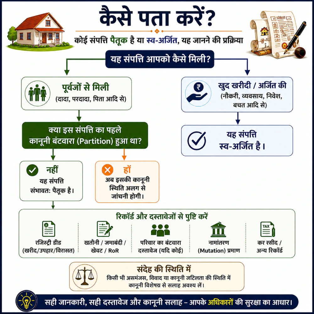 कोई संपत्ति पैतृक है या स्व-अर्जित, यह पता करने की प्रक्रिया दिखाने वाला फ्लो डायग्राम जिसमें पूर्वजों से मिली संपत्ति, बंटवारा, रजिस्ट्री, जमाबंदी और नामांतरण की जानकारी शामिल है।