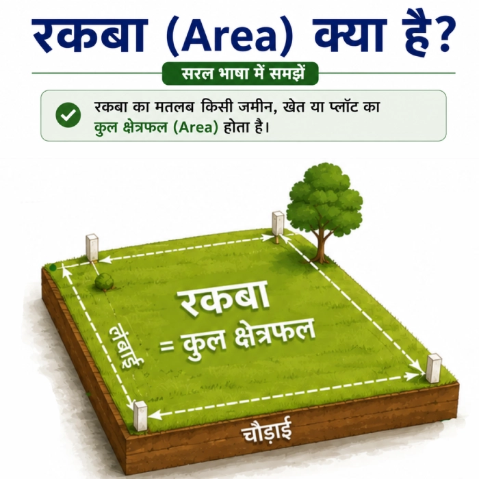 रकबा (Area) का अर्थ समझाने वाला इन्फोग्राफिक, जिसमें जमीन का कुल क्षेत्रफल, लंबाई-चौड़ाई, माप और सामान्य इकाइयों को सरल चित्रों के माध्यम से दिखाया गया है।