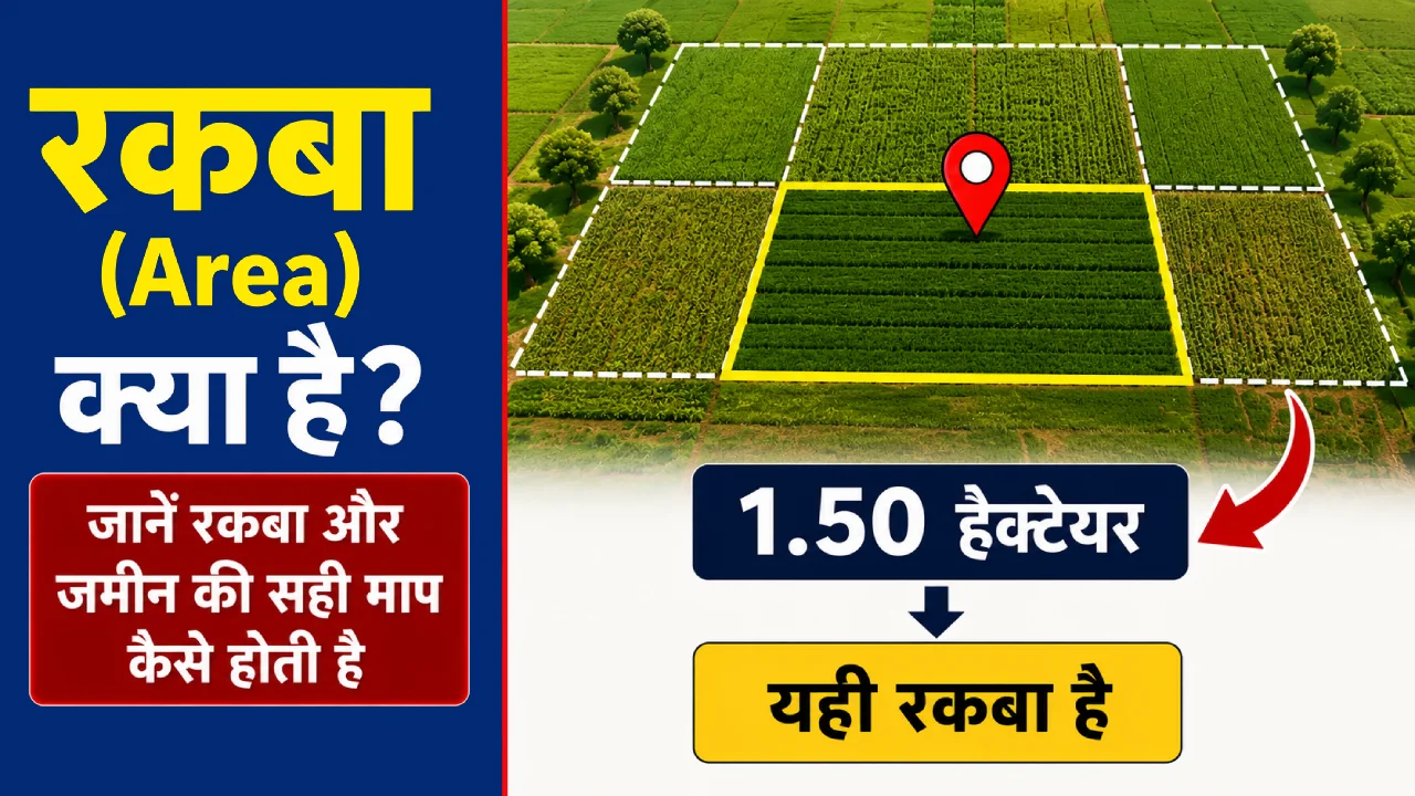 रकबा (Area) का अर्थ, जमीन की सही माप, हदबंदी और सरकारी रिकॉर्ड में रकबा सुधार की प्रक्रिया दर्शाने वाला चित्र