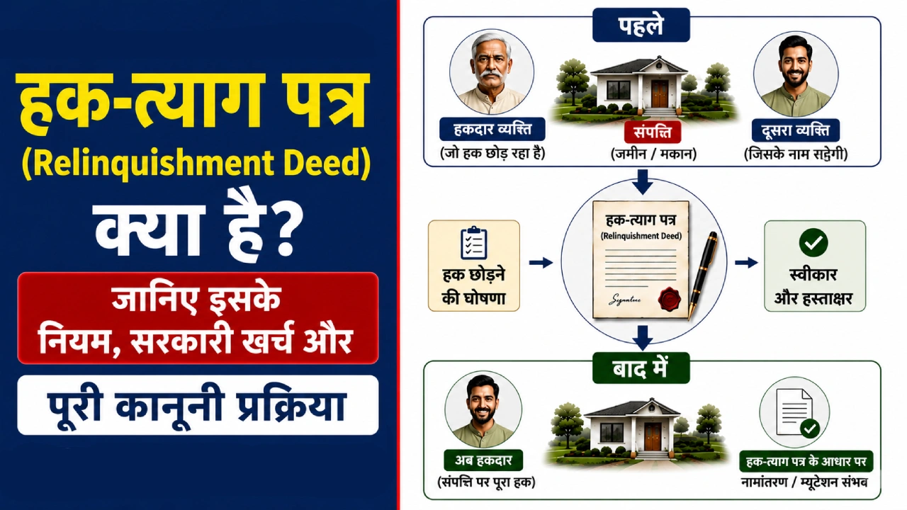 हक-त्याग पत्र (Relinquishment Deed) के माध्यम से संपत्ति के हिस्से का त्याग, रजिस्ट्रेशन और दाखिल-खारिज की प्रक्रिया को दर्शाने वाला चित्र