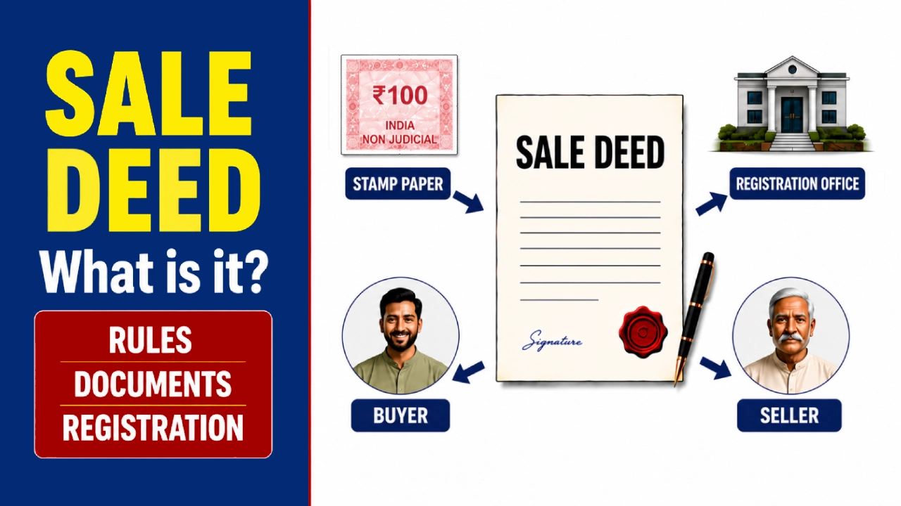 Illustration explaining a Sale Deed in India, showing the sale deed document, buyer, seller, stamp paper, and Sub-Registrar Office involved in property registration.