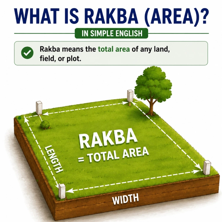 Infographic explaining the meaning of Rakba (land area), showing that Rakba refers to the total area of a land, field, or plot measured by its length and width.