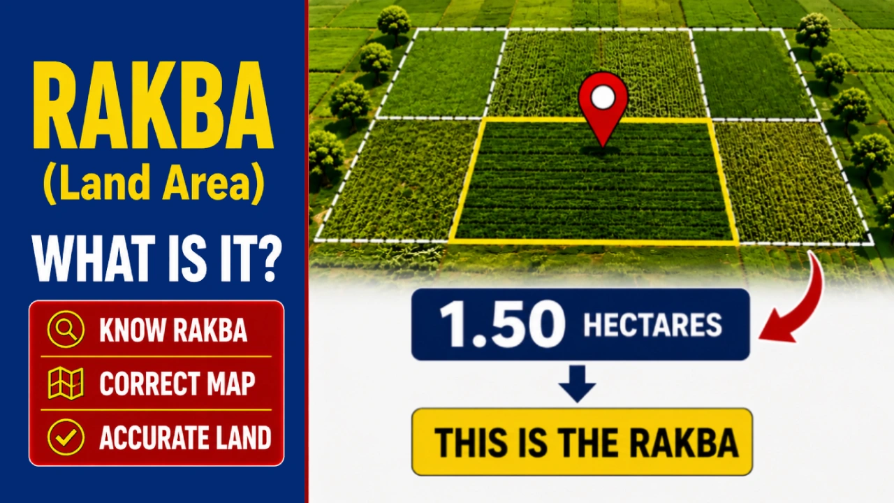 Thumbnail explaining what Rakba (land area) means, including how land area is measured and recorded in official land records in India.
