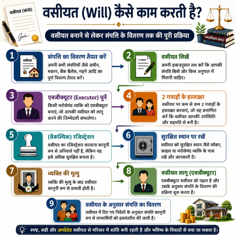 वसीयत (Will) बनाने से लेकर मृत्यु के बाद संपत्ति के वितरण तक की पूरी प्रक्रिया दिखाने वाला फ्लो डायग्राम