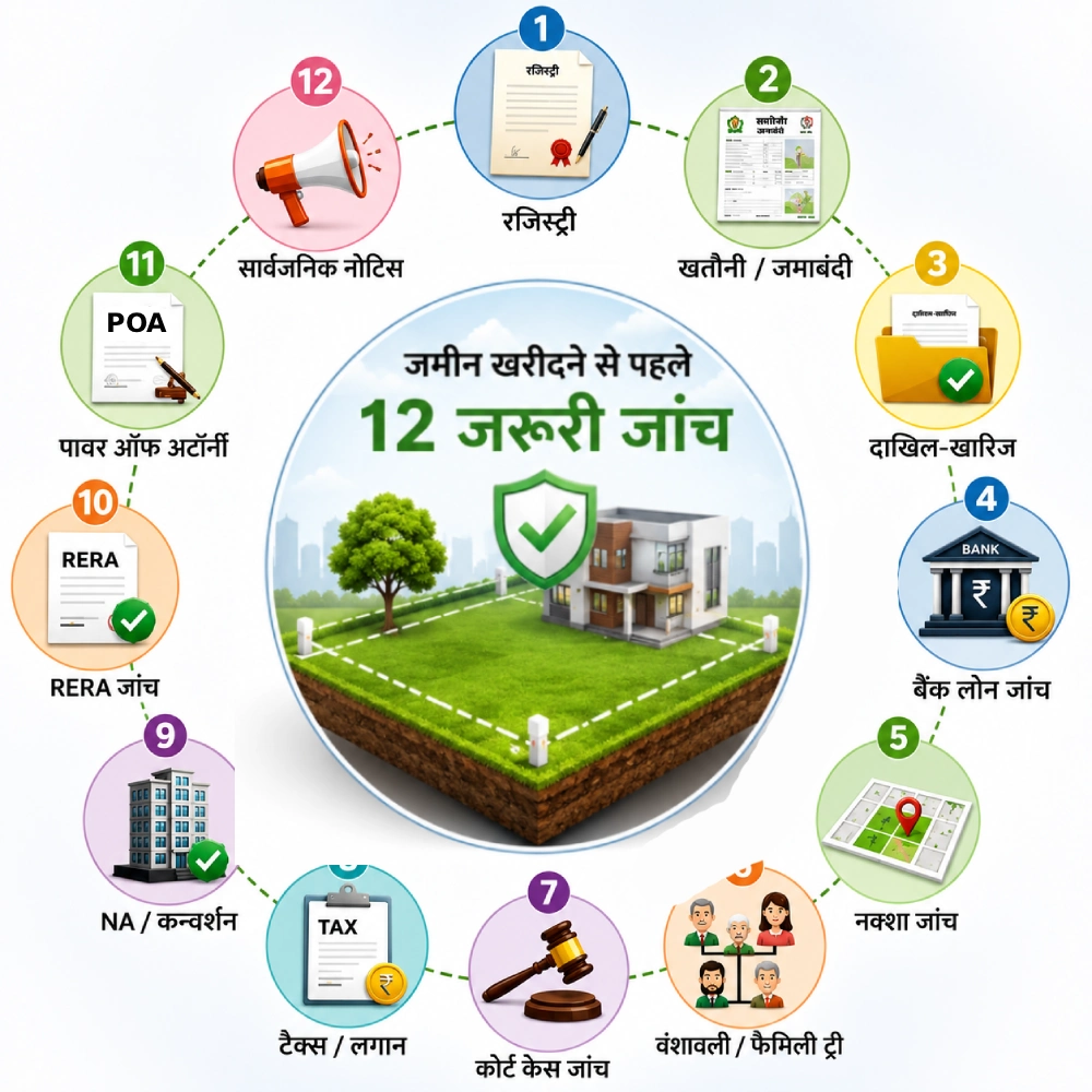 जमीन खरीदने से पहले जांचने वाले 12 जरूरी दस्तावेजों का इन्फोग्राफिक, जिसमें रजिस्ट्री, खतौनी, दाखिल-खारिज, बैंक लोन, सरकारी नक्शा, वंशावली, कोर्ट केस, टैक्स रसीद, NA कन्वर्शन, RERA, पावर ऑफ अटॉर्नी और सार्वजनिक नोटिस शामिल हैं।
