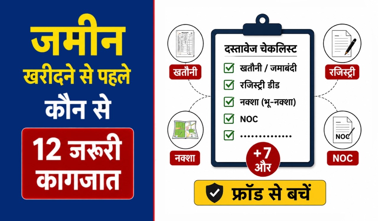 जमीन खरीदने से पहले जांचने वाले 13 जरूरी दस्तावेजों का थंबनेल, जिसमें रजिस्ट्री, खतौनी, दाखिल-खारिज, बैंक लोन, सरकारी नक्शा, वंशावली, RERA, पावर ऑफ अटॉर्नी और अन्य कानूनी जांच दिखाई गई हैं।